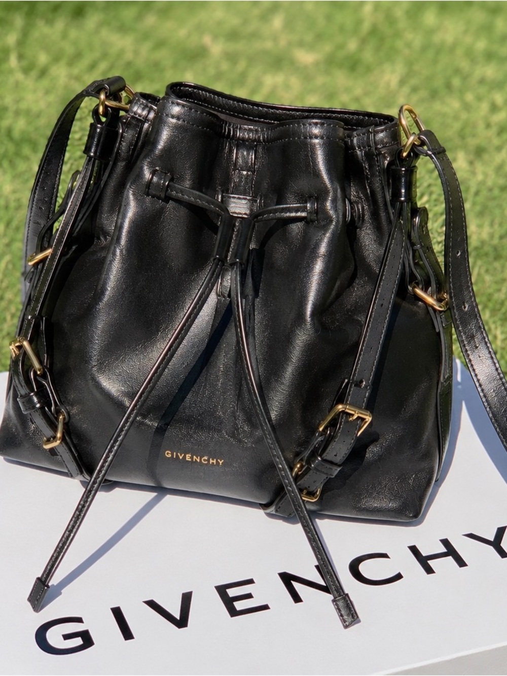 SOLD  Givenchy Small Voyou Bucket Bag Black Shiny Calfskin Leather Gold Hardware - Picture 3 of 17